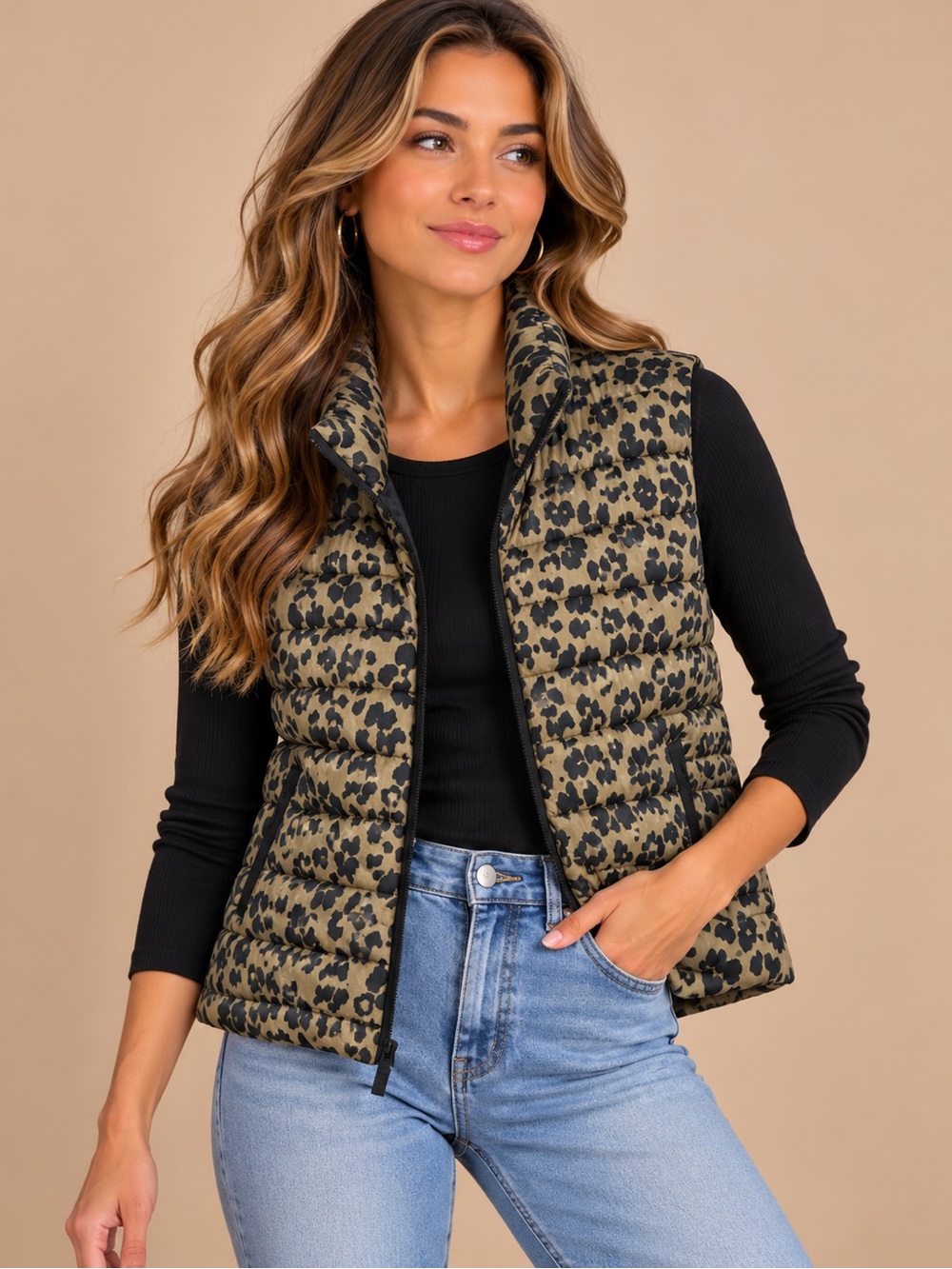 GAP Upcycled Puffer Jacket in Black and Brown Leopard XL